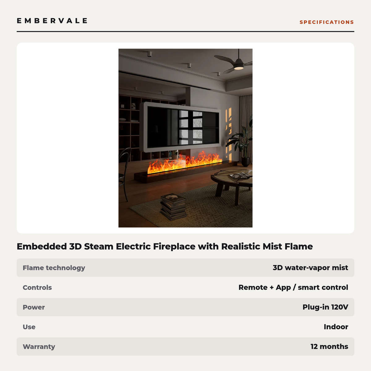 Embedded 3D Steam Electric Fireplace with Realistic Mist Flame Effect, App & Remote Control for Living Room — product view 3