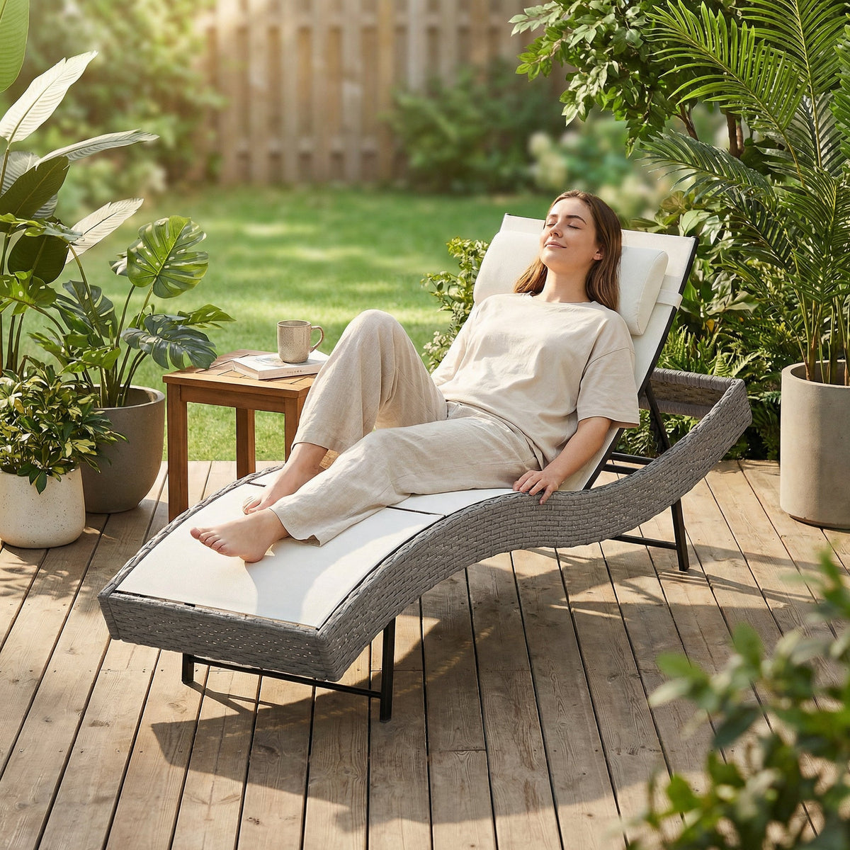 Rattan Sun Lounger with S-Shaped Seat and 5-Position Backrest, Cream White — product view 4