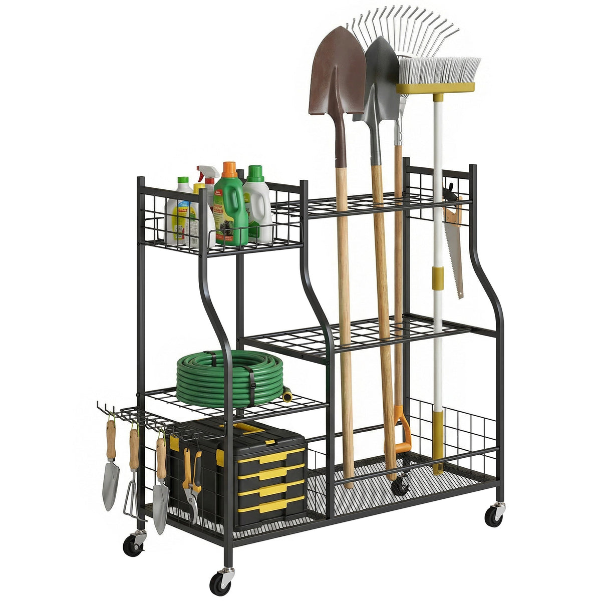Garden Tool Organizer with 74 Slots, 4 Wheels and 11 Hooks, Black — product view 1