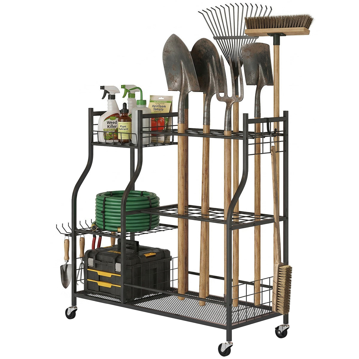 Garden Tool Organizer with 74 Slots, 4 Wheels and 11 Hooks, Black — product view 2