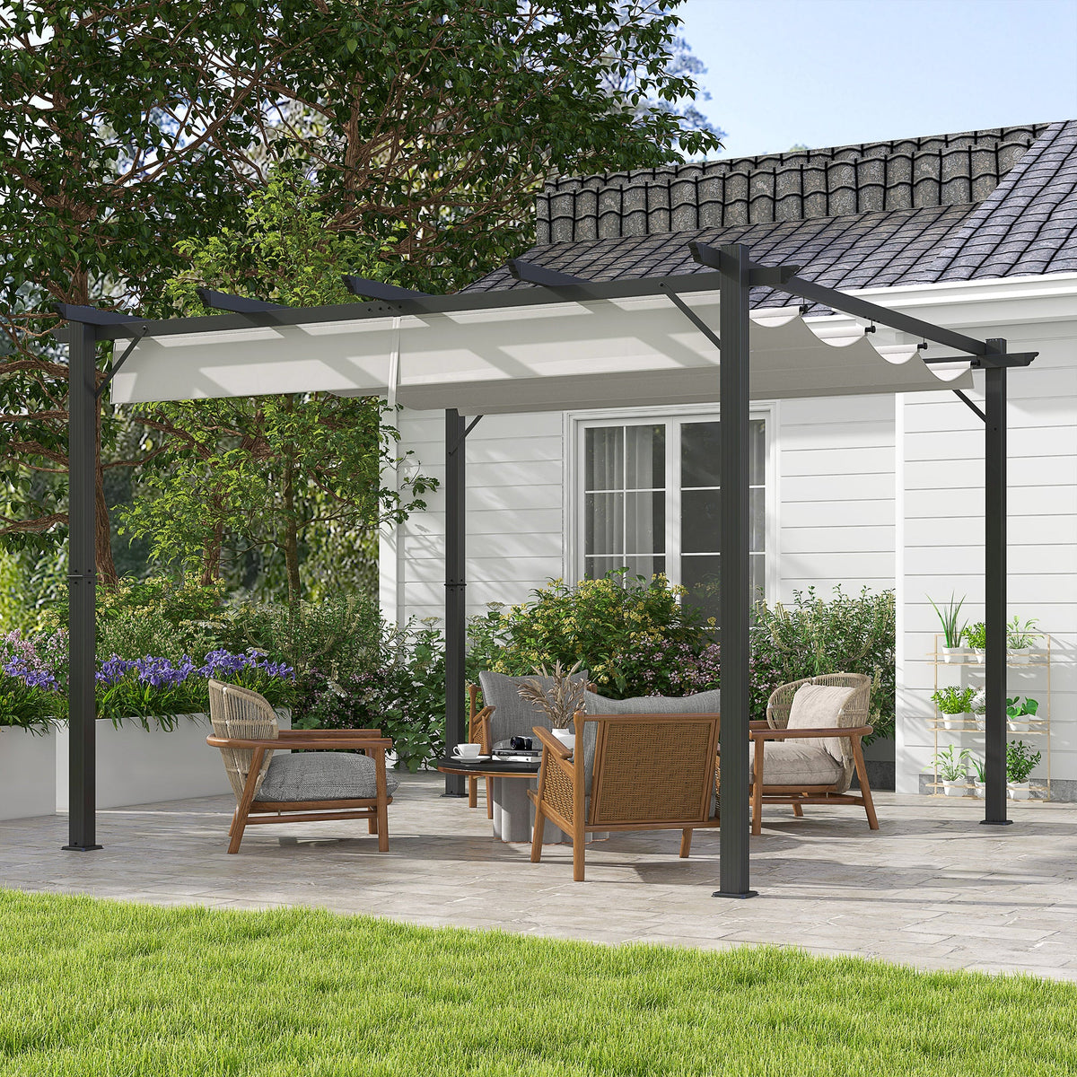 3 x 3m Pergola with Retractable Roof & Aluminium Frame, Light Grey — product view 3