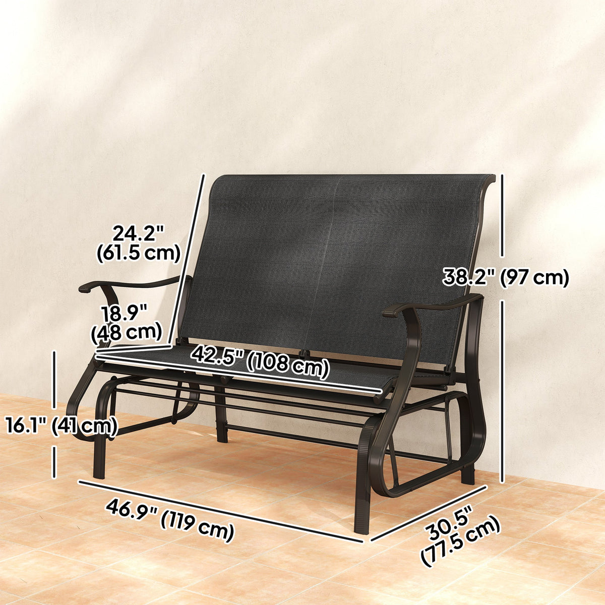 2-Person Patio Glider Chair with Mesh Seat and Backrest, Black — product view 5