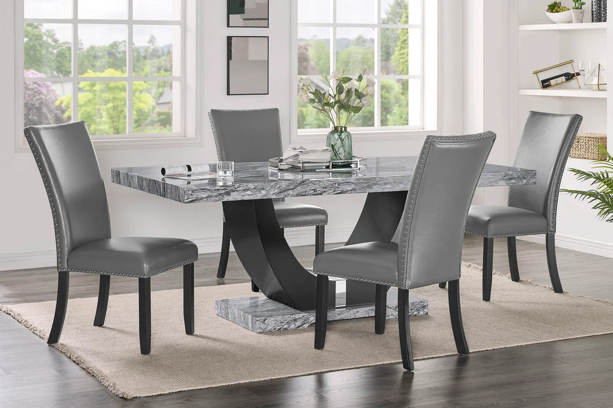 Vesper Black Finish Wood 5-Piece Pedestal Base Grey Faux Marble Top Dining Table Set with Grey Chairs – 9056-GY-5PC — product view 1
