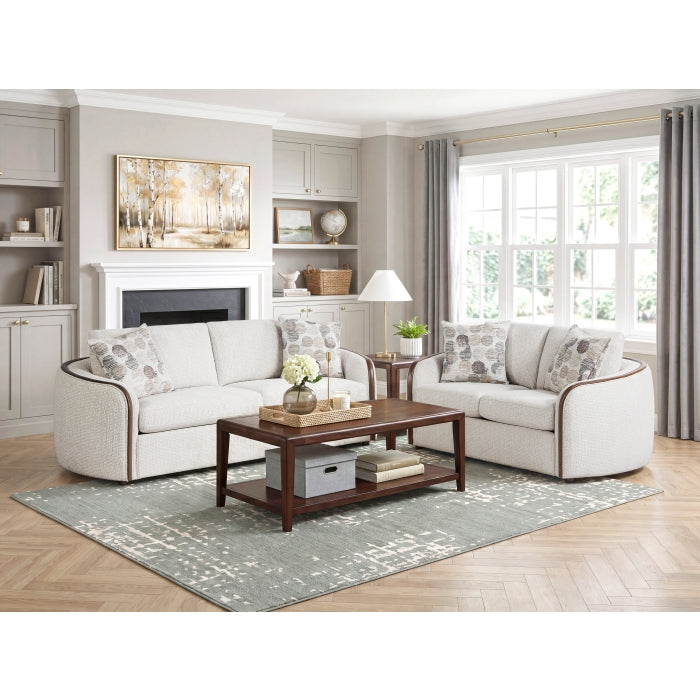 Loom Beige Chenille Sofa and Love Seat Set – Walnut Wood Trim & Rounded Arms – 9177WABEG-2PC — product view 1