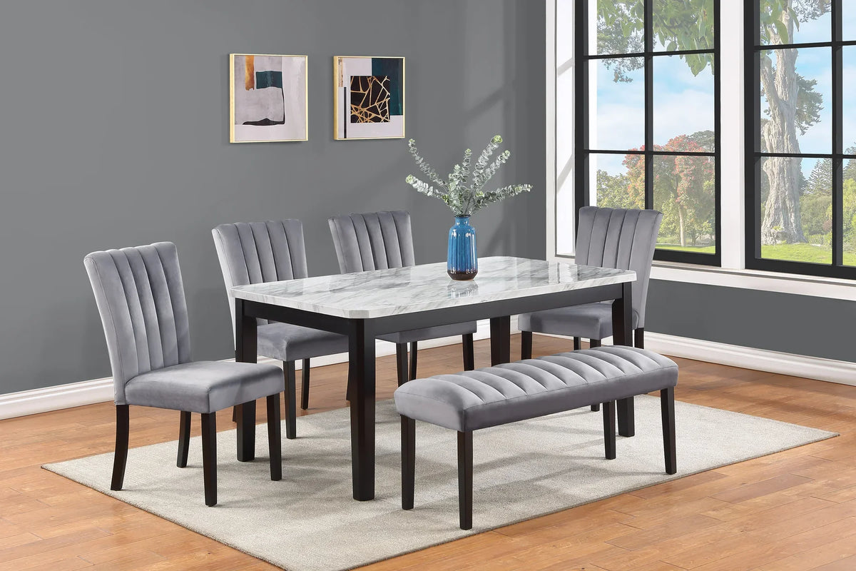 Bridgend Black Finish Wood 6-Piece White Faux Marble Top Dining Table Set with Bench – 9441-6PC — product view 1