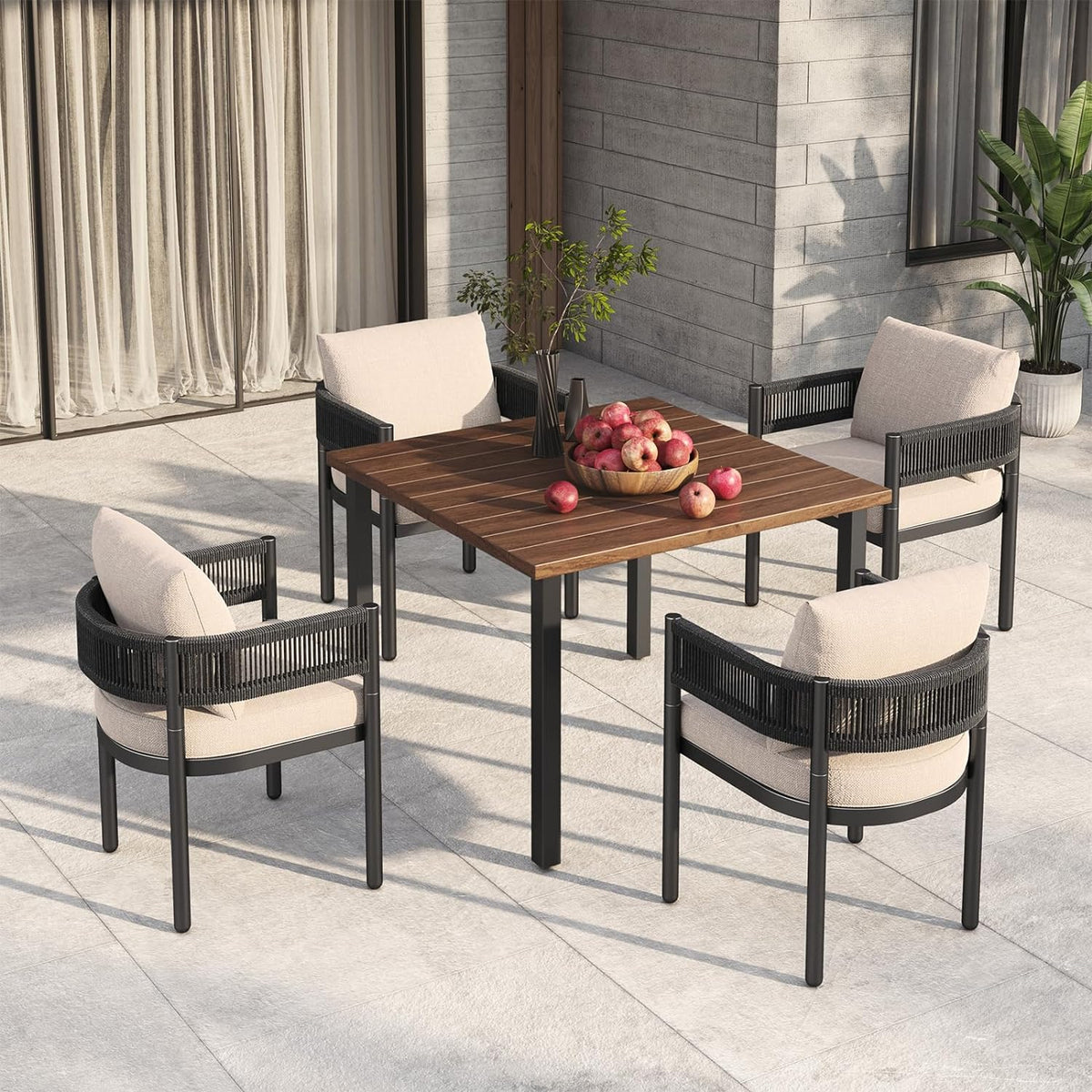 LOUNGE YARD Outdoor Dining Chair Set, Metal Woven Wicker Fixed Patio Chairs with Grey Cushions — product view 1