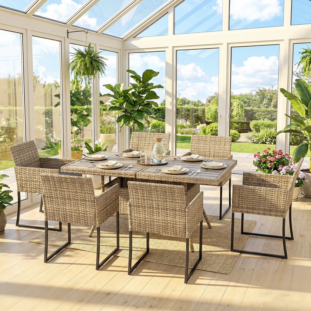 7-Piece Dark Grey Rattan Dining Set with WPC Table, 6 Chairs & Cushions — product view 4