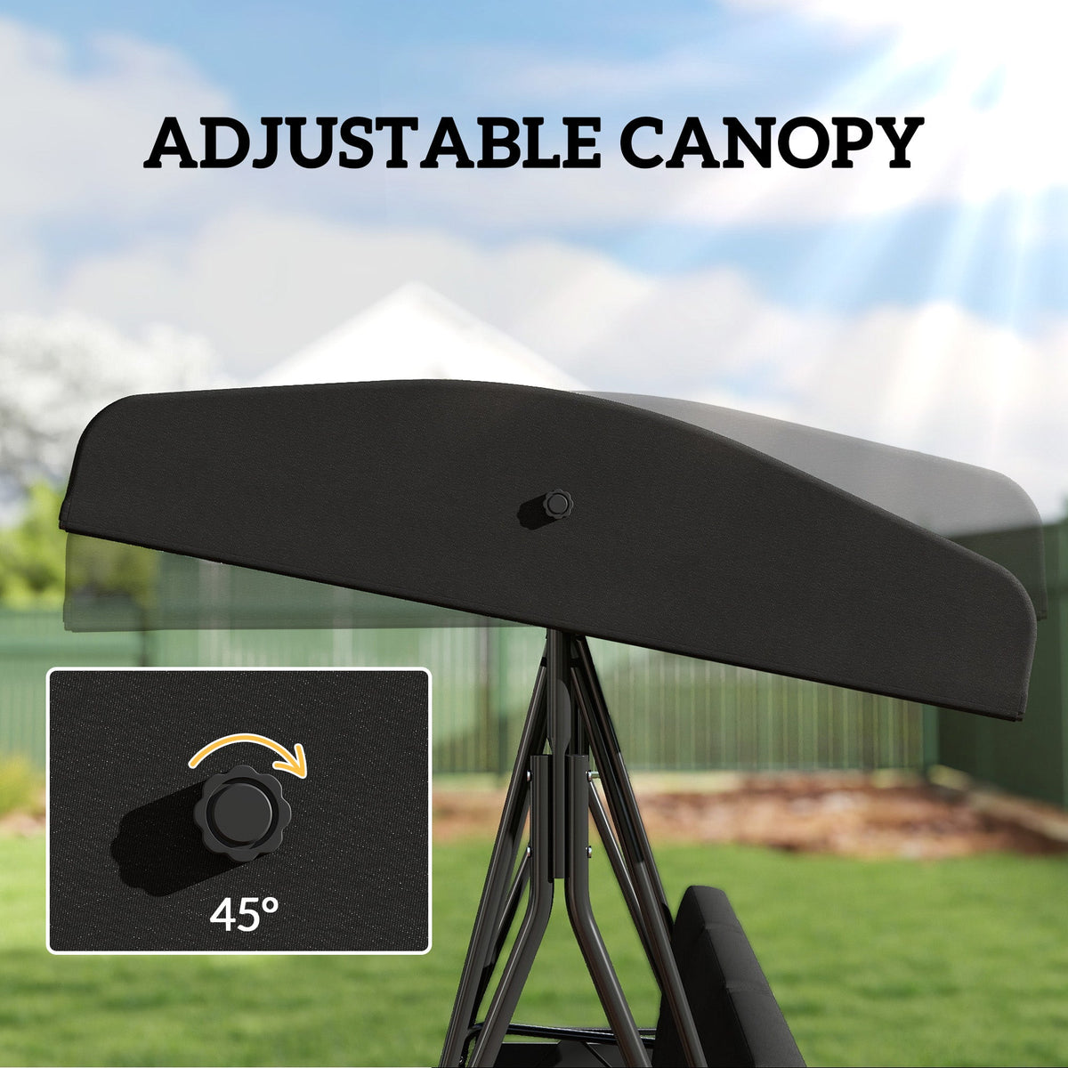 3-Seat Patio Swing Chair with Adjustable Canopy and Side Tray, Black — product view 7