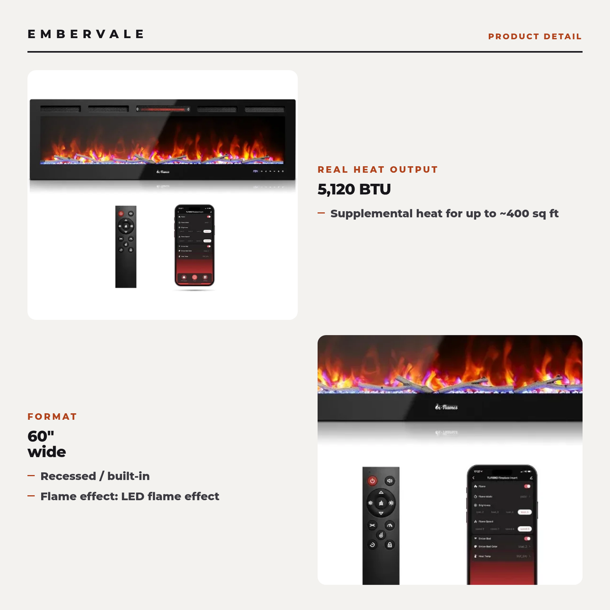 60 Inch Smart Infrared Electric Fireplace with Crackling Sound, WiFi Recessed Fireplace with Realistic Flame & 1500W Heater — product view 3