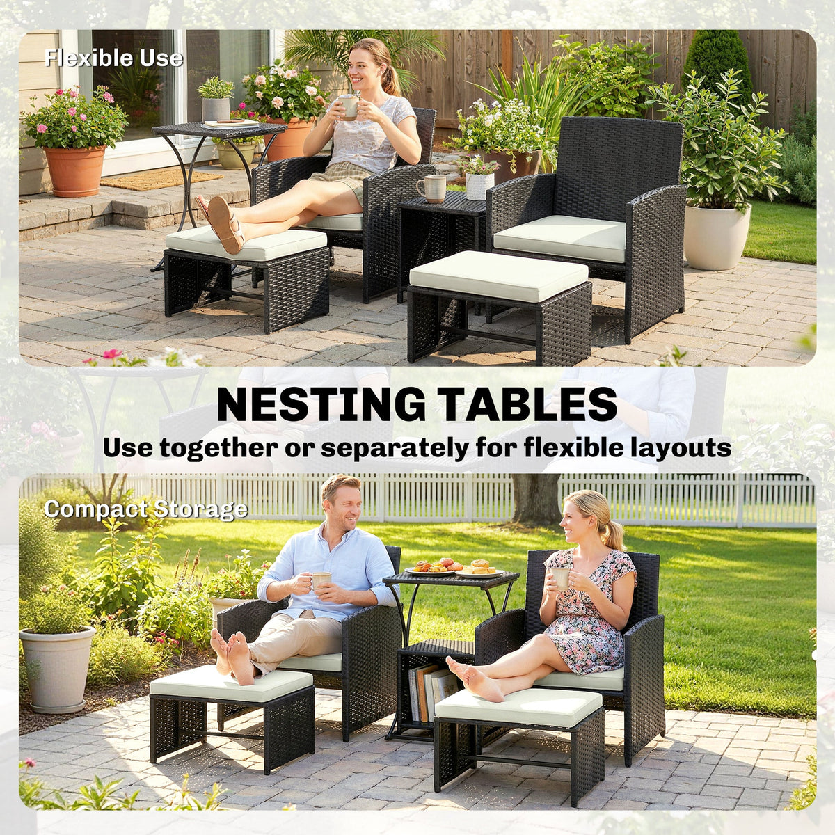 6 Piece Rattan Garden Furniture Set with 2 Nesting Tables, Black — product view 7