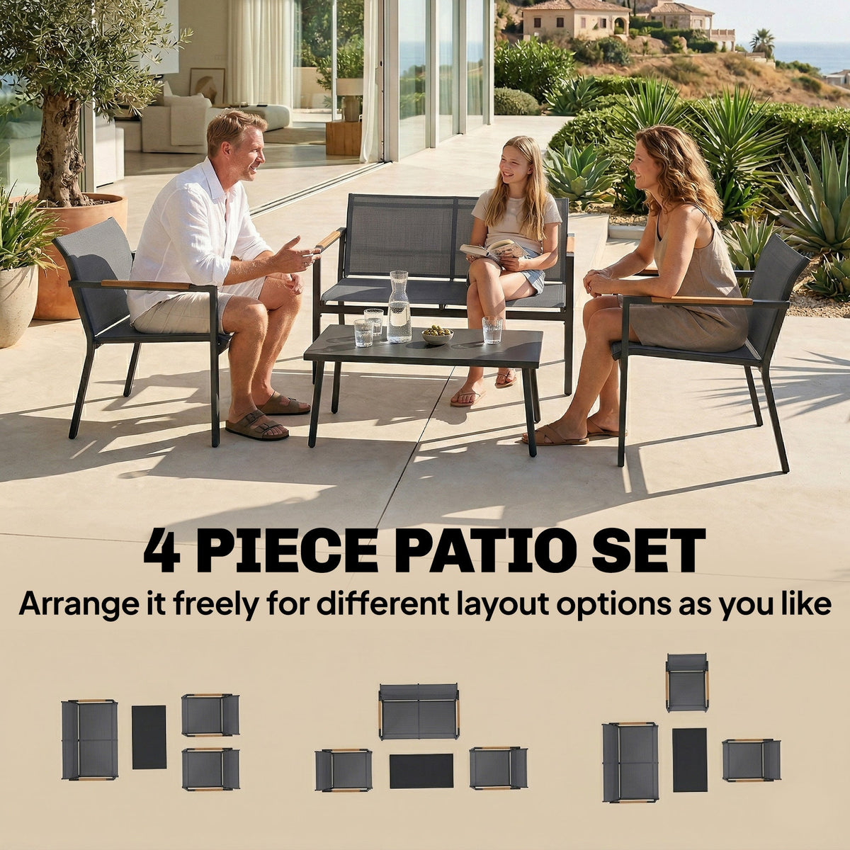 4-Seater Outdoor Sofa Set with Loveseat, 2 Armchairs & Metal Table, Mesh, Grey — product view 6