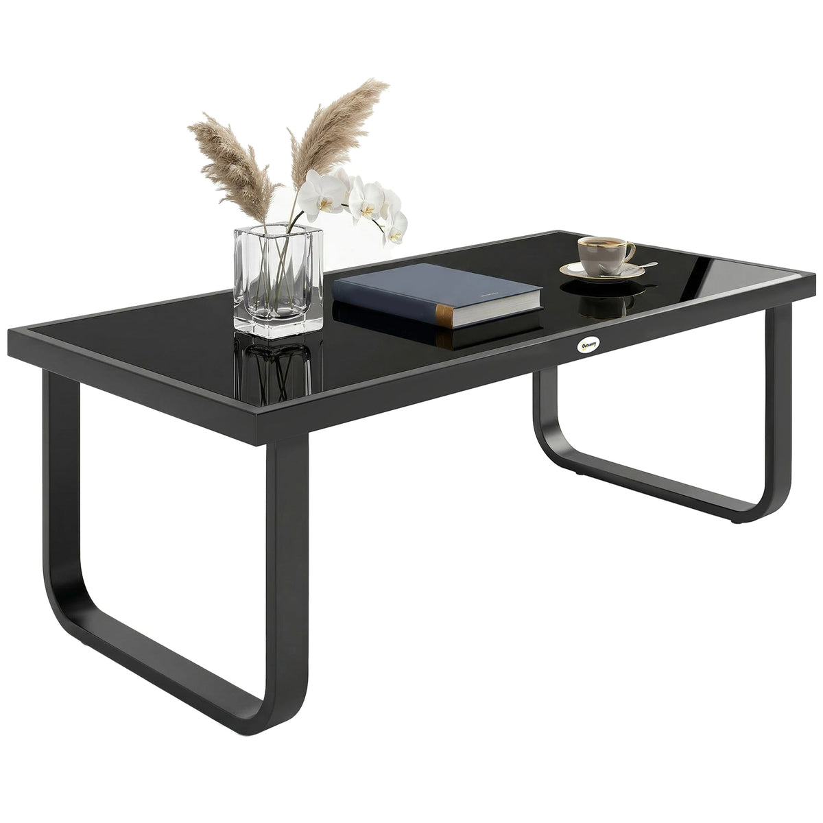 Outdoor Metal Coffee Table 90x45x33 cm with Tempered Glass Top, Black — product view 1