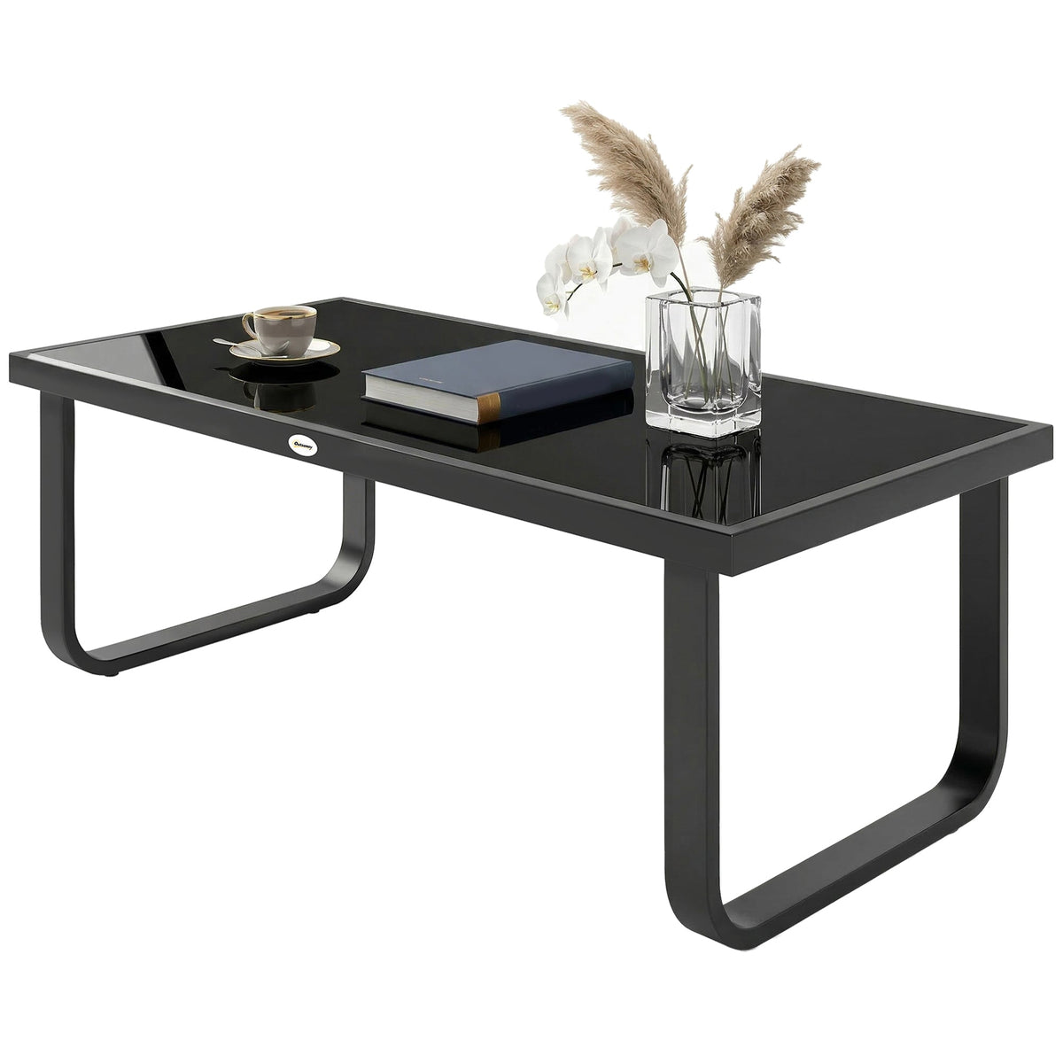 Outdoor Metal Coffee Table 90x45x33 cm with Tempered Glass Top, Black — product view 2
