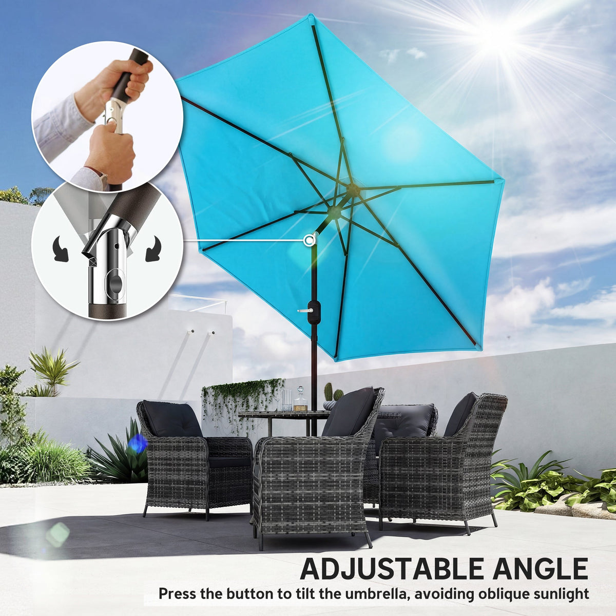 2.6 m Garden Parasol with Tilt, Crank, Vent & Aluminium Pole, Blue — product view 7