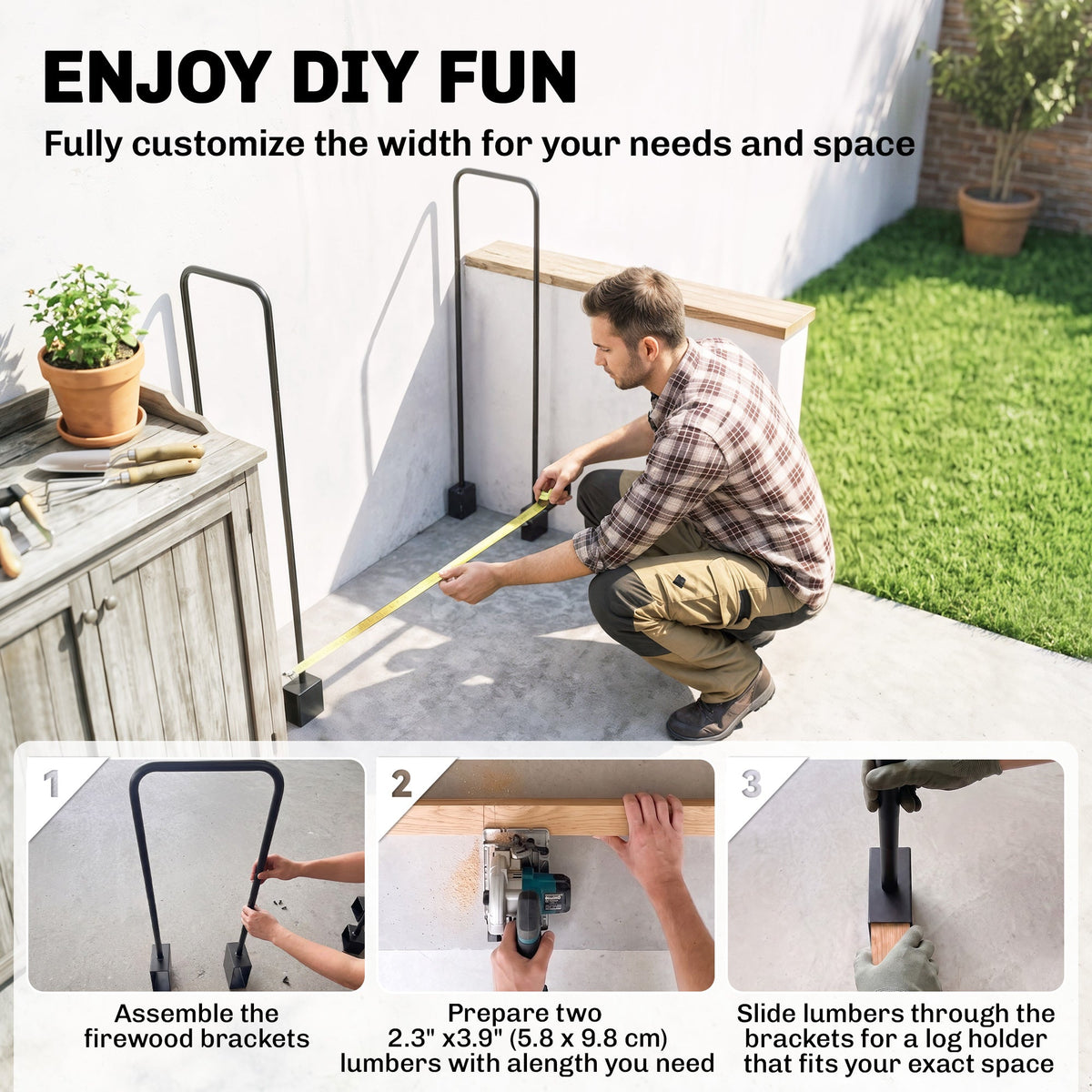 Heavy-Duty Steel DIY Firewood Rack with Customizable Width for Indoor & Outdoor Log Storage, Black — product view 6