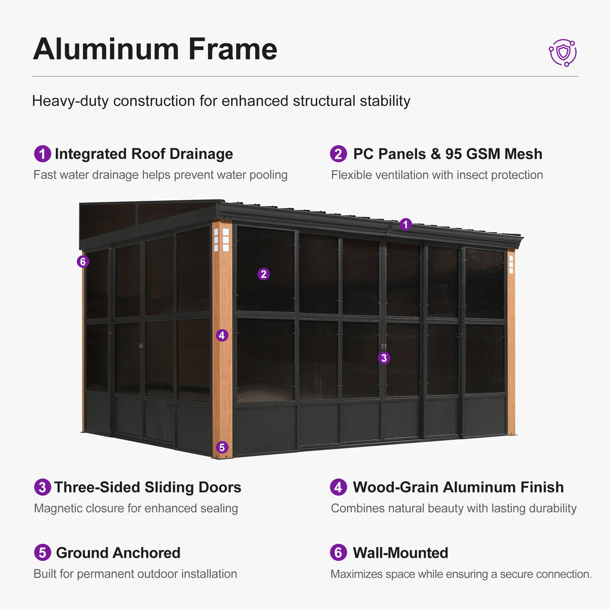 PURPLE LEAF Wall Mounted Sunroom Galvanized Steel Sloped Roof Lean-to Gazebo Aluminum Grey Frame Wood Grain Columns for Outdoor Home Extension with String Lights — product view 5