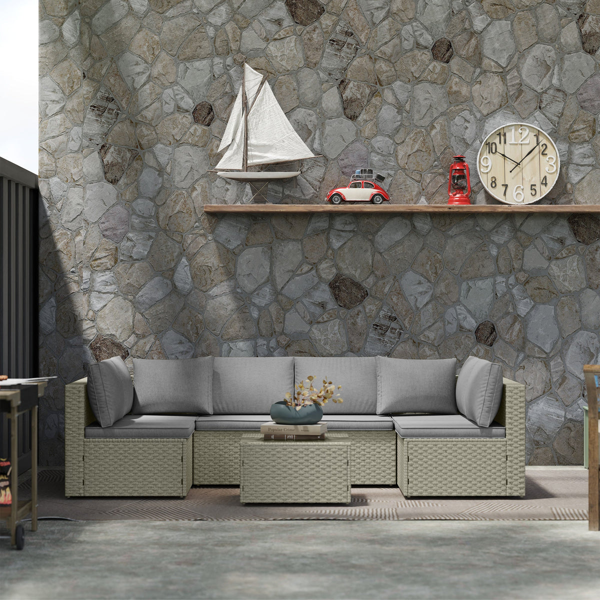 7 Piece Rattan Garden Furniture Set, 6 Seater Corner Sofa & Glass Table, Light Brown — product view 3