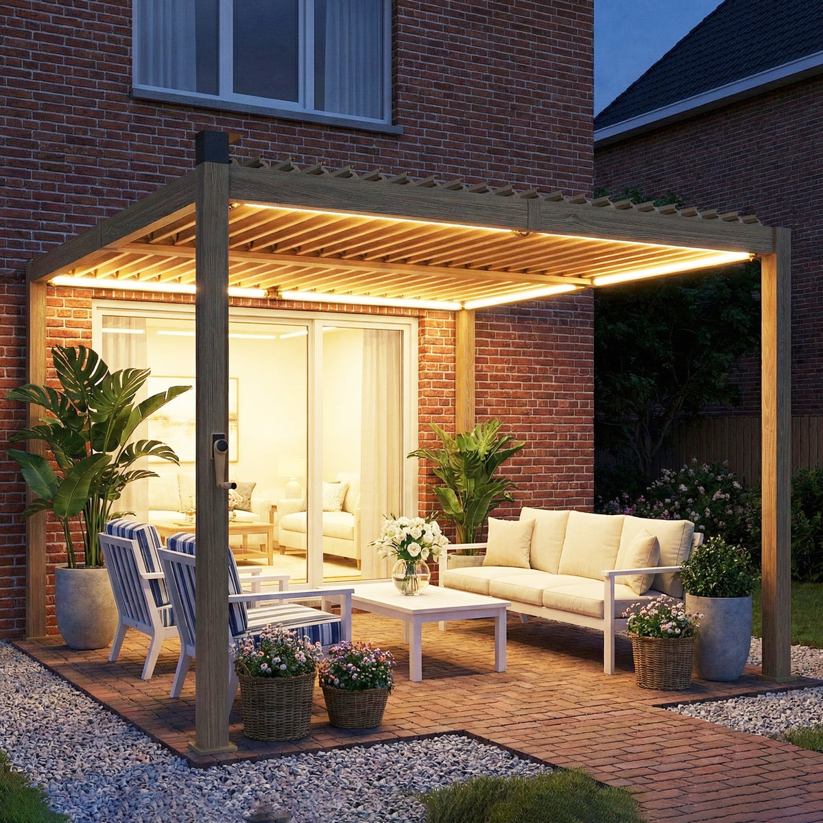 10' x 10' Louvered Pergola with Solar LED Lights and Adjustable Roof, Brown — product view 4