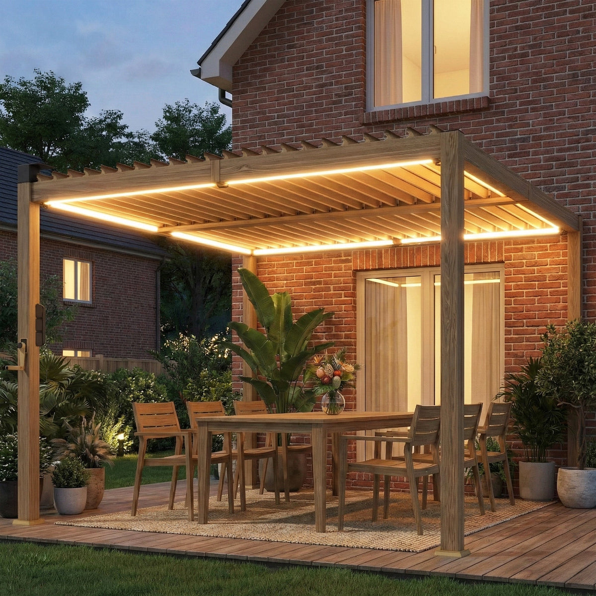 10' x 10' Louvered Pergola with Solar LED Lights and Adjustable Roof, Brown — product view 3