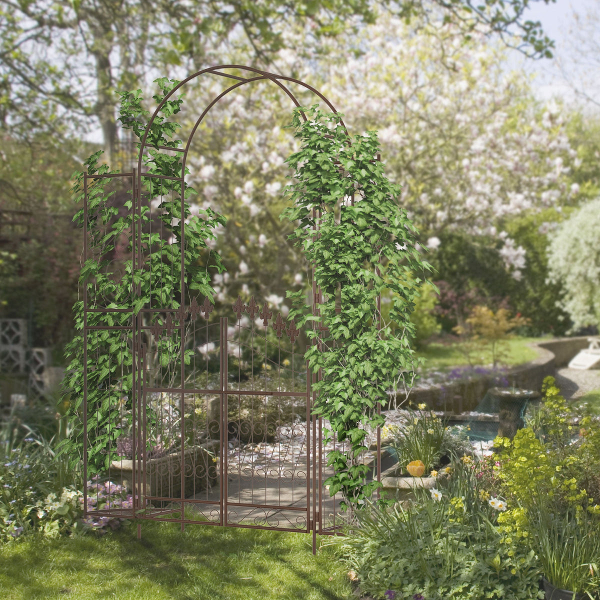 7' Metal Garden Arbor with Gate and Planter Shelves, Brown — product view 3