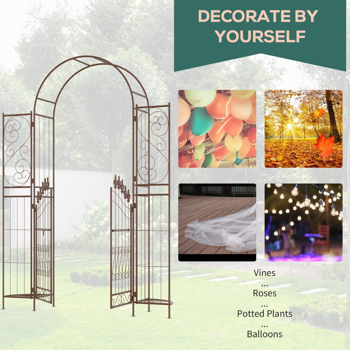 7' Metal Garden Arbor with Gate and Planter Shelves, Brown — product view 6
