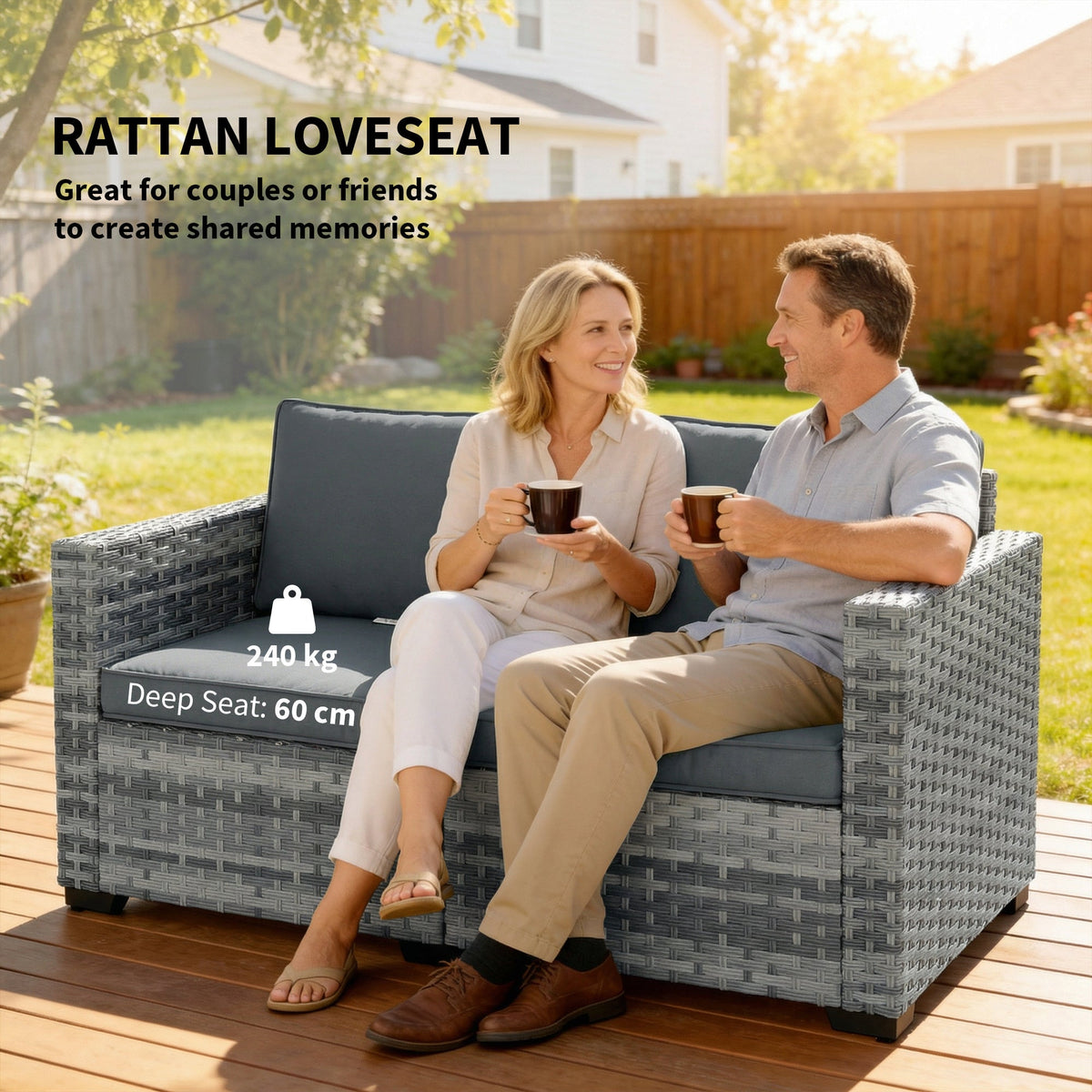 2 Seater Rattan Sofa with Deep Seat and Wide Armrests, Mixed Grey — product view 6