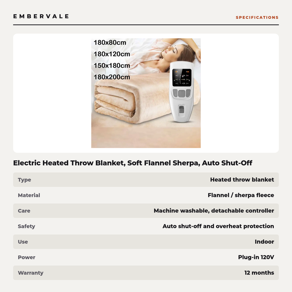 Electric Heated Throw Blanket, Soft Flannel Sherpa, Auto Shut-Off and Overheat Protection for Sofa and Bed — product view 3