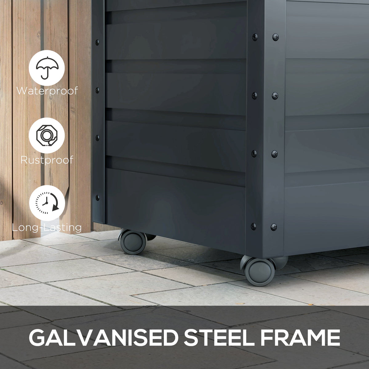 78 Gallon Galvanized Steel Deck Box with Wheels and Handles, Dark Grey — product view 7