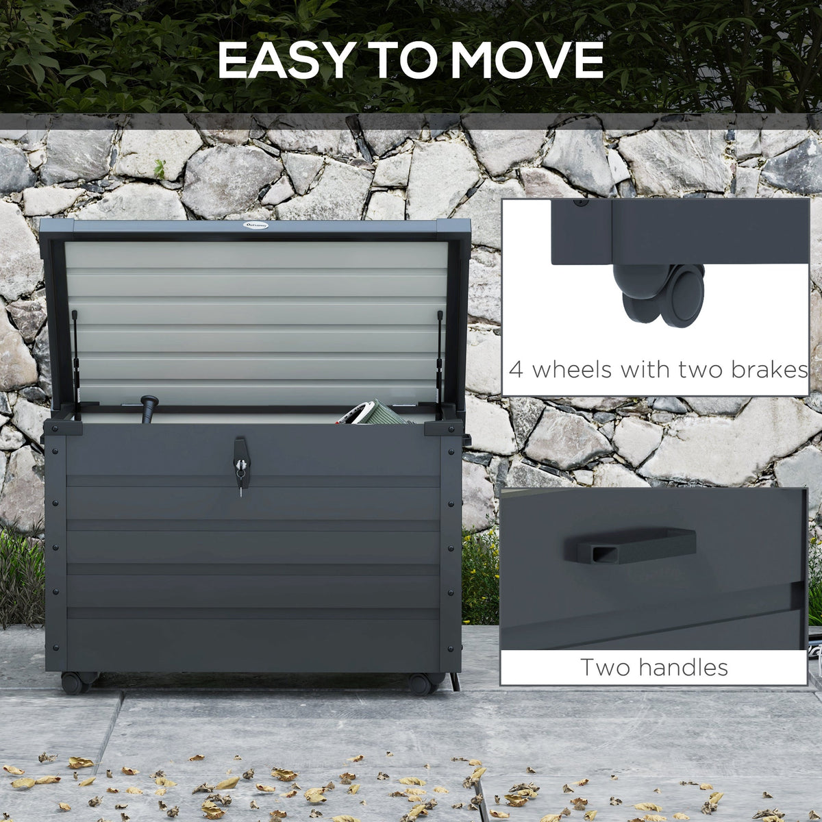 78 Gallon Galvanized Steel Deck Box with Wheels and Handles, Dark Grey — product view 6