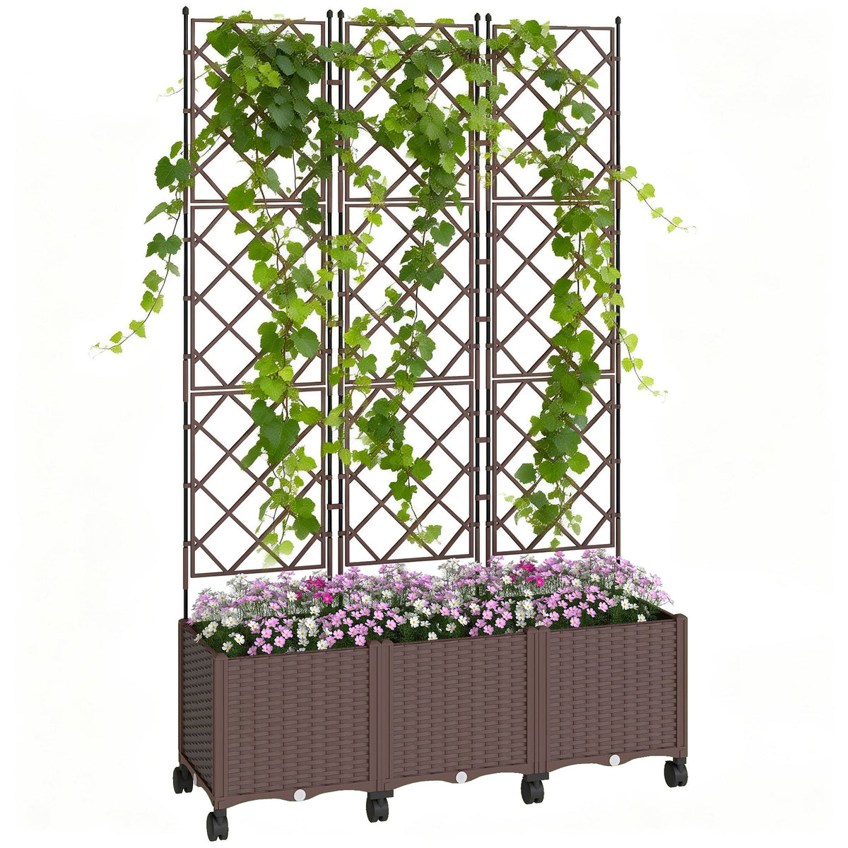 Self Watering Plastic Raised Planter with Trellis & Wheels — product view 1