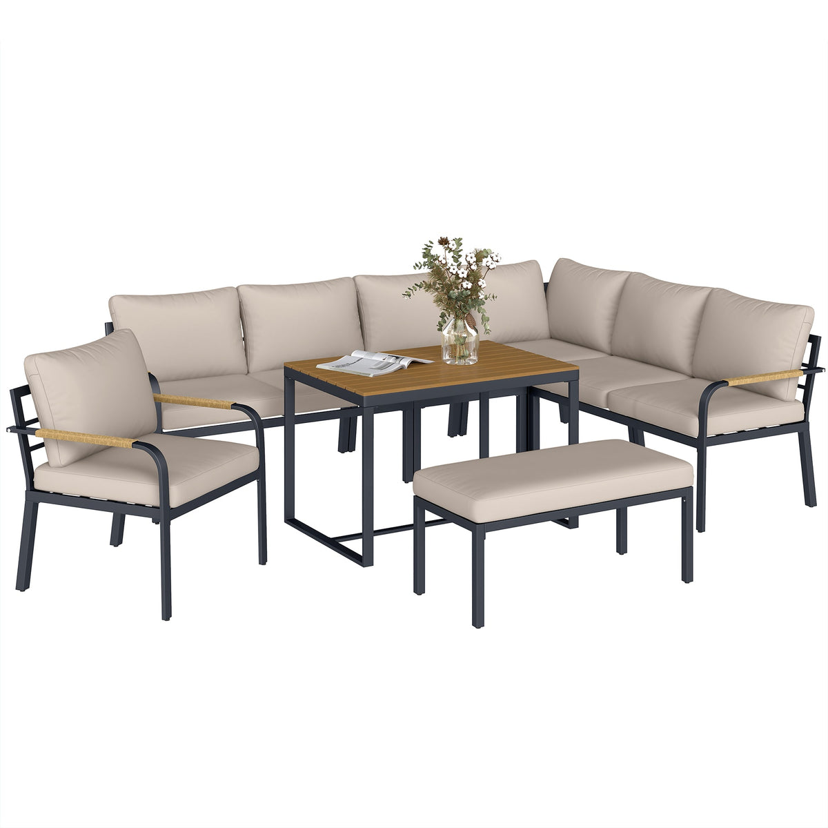 7 Seater Garden Furniture Set with Faux Wood Table, Khaki — product view 1