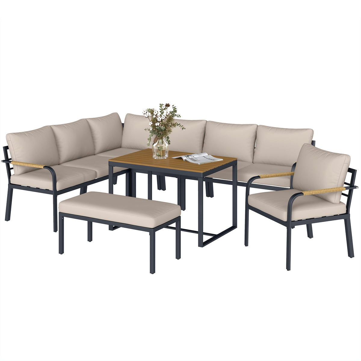7 Seater Garden Furniture Set with Faux Wood Table, Khaki — product view 2
