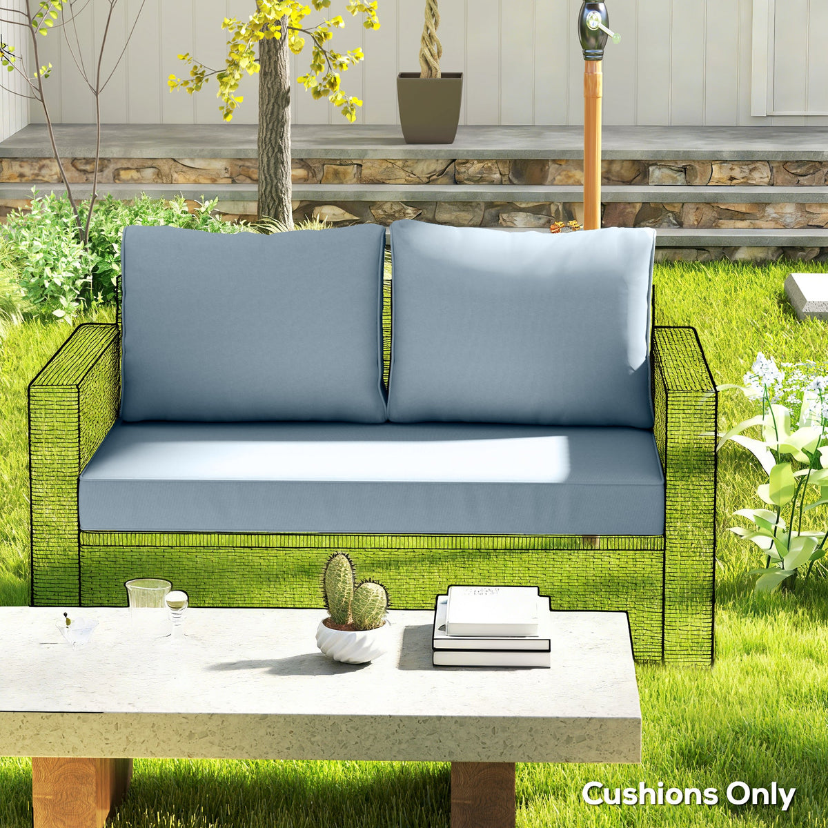 2 Seater Outdoor Seat Cushions with Backrest, Light Blue — product view 4