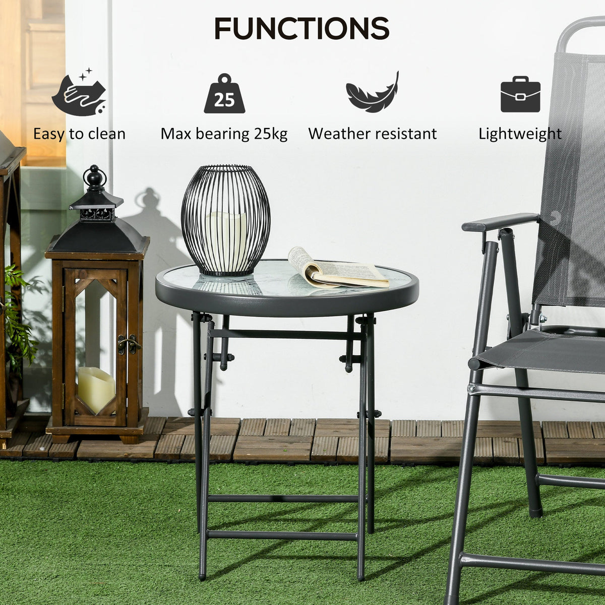 18" Outdoor Round Folding Table with Tempered Glass Top, White — product view 7