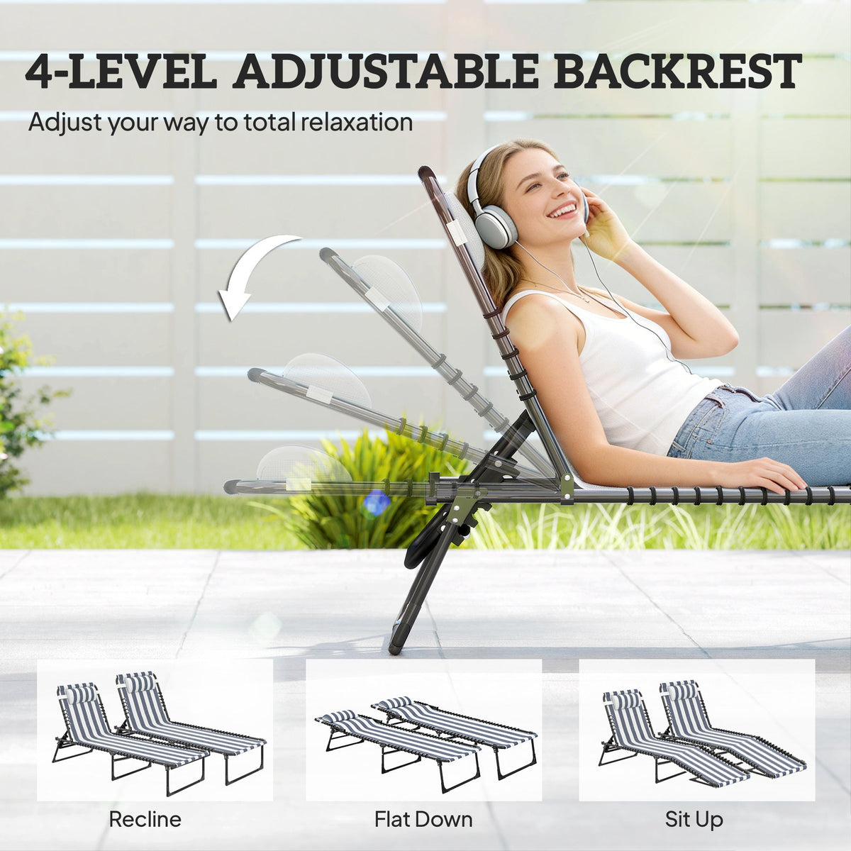 Folding Chaise Lounge Chair Set of 2 with 4-Position Reclining Back for Beach, Poolside, Yard, Blue and White — product view 6