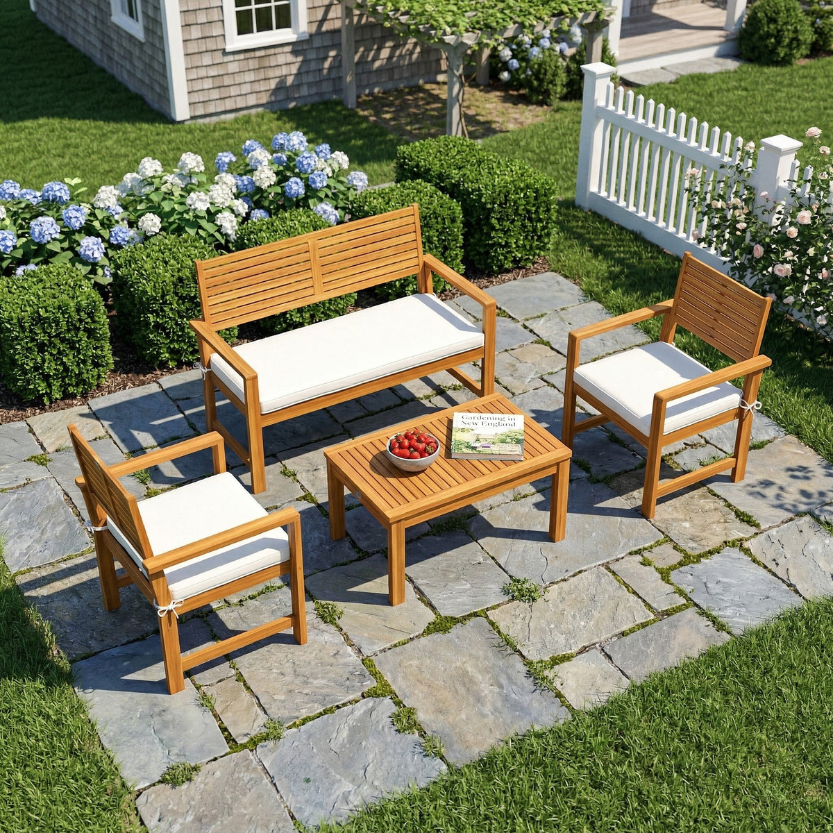 4-Seater Acacia Wood Outdoor Set with Loveseat, 2 Armchairs & Wood-Top Table, Cream — product view 3