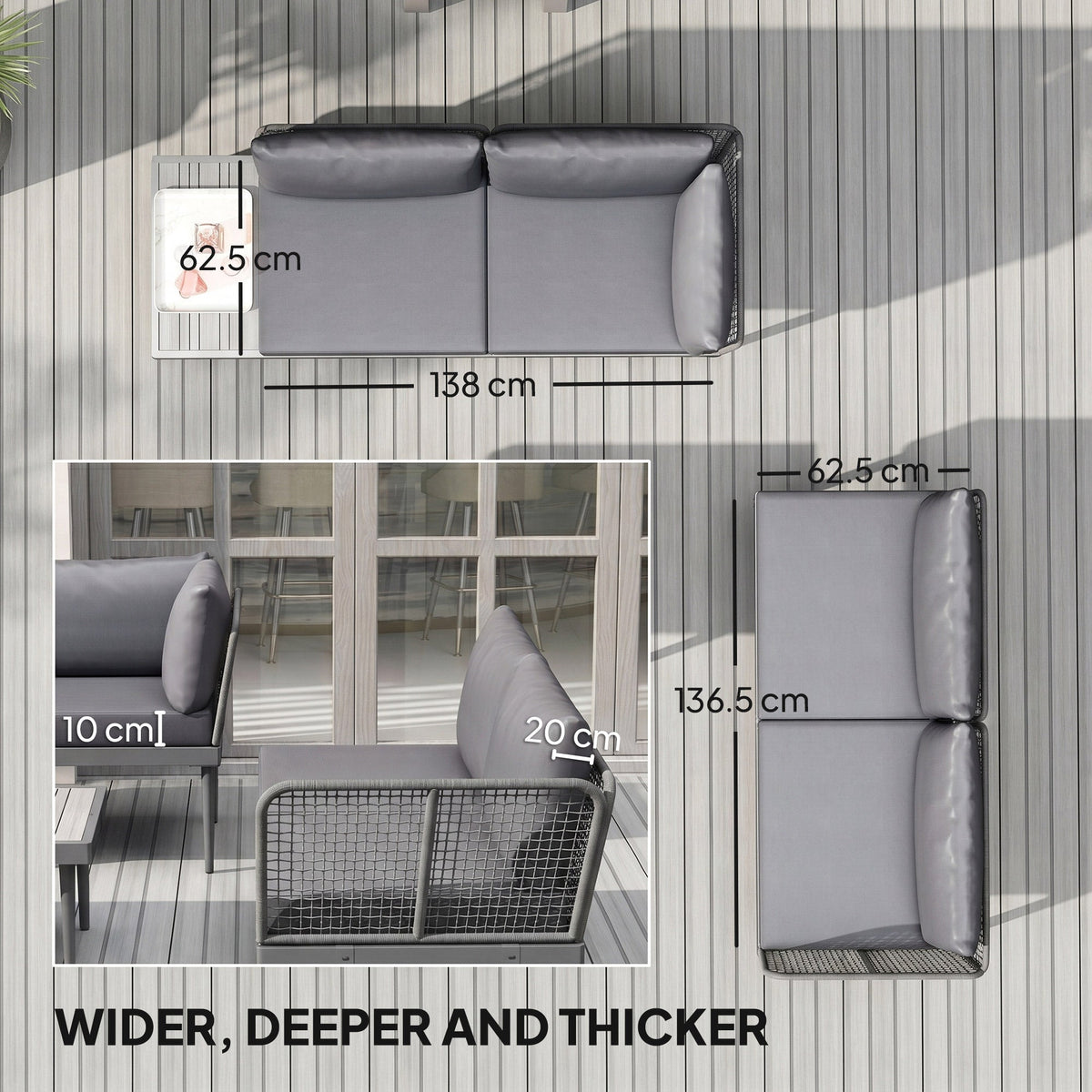 4-Seater L-Shaped Rattan Corner Sofa Set with Acacia Wood Coffee Table, Grey — product view 7