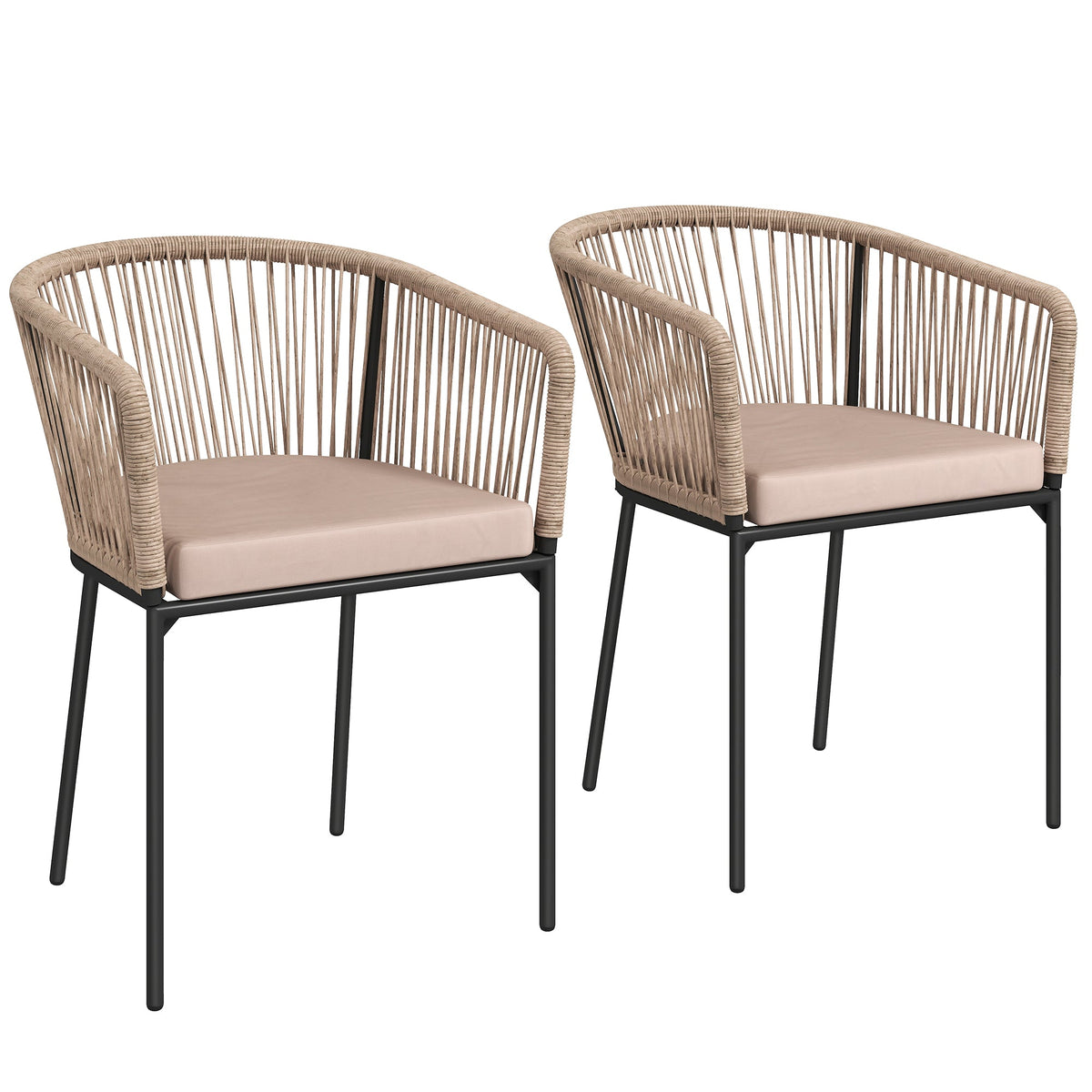 Set of 2 Rattan Dining Chairs with Cushions, Metal Frame, String Back & Armrests — product view 2