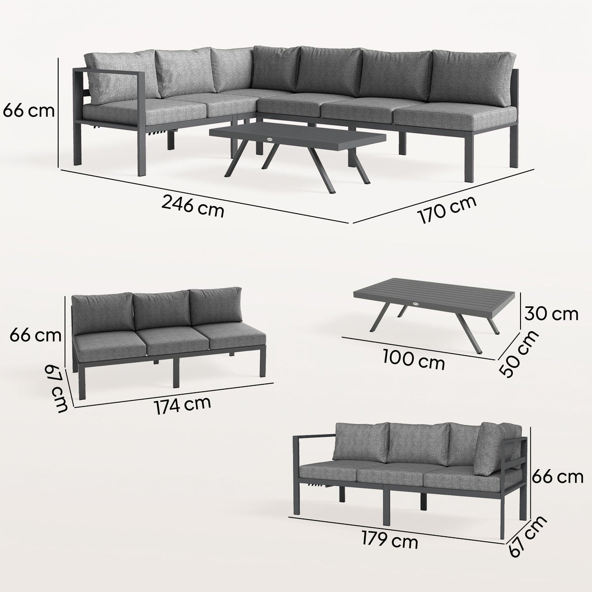 3 Piece Aluminium Corner Lounge Set with Adjustable Backrest, Dark Grey — product view 5
