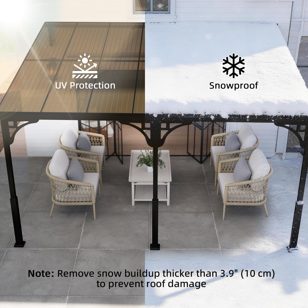 4 x 3 m Metal Lean-to Pergola with Polycarbonate Roof, Brown — product view 7