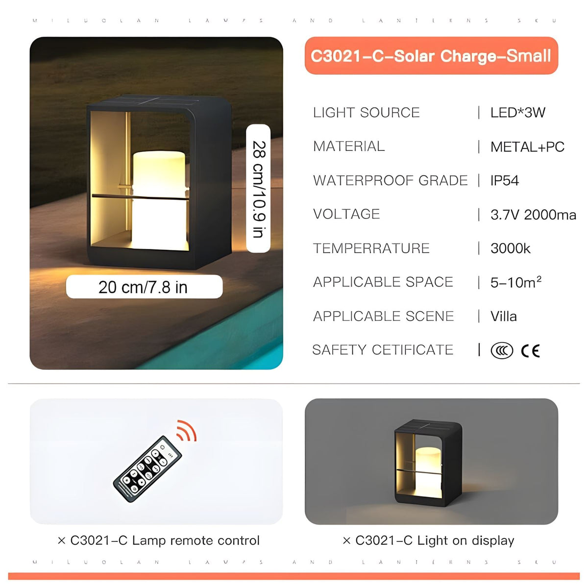 Solar Garden Post Lamp Nordic Style Outdoor Waterproof Remote — 28cm 43cm 73cm — product view 1