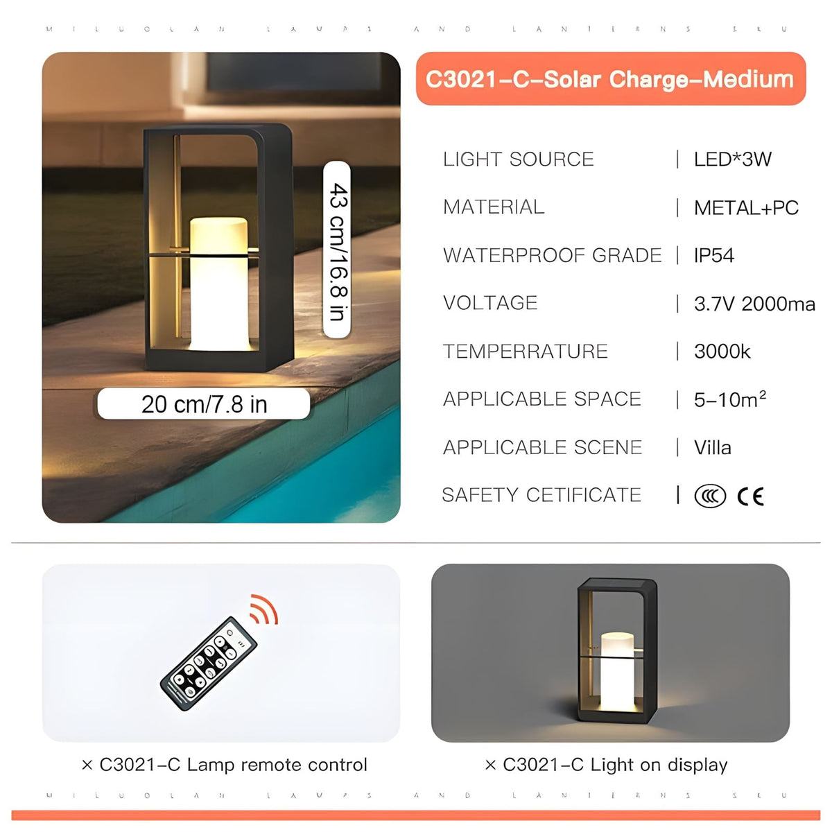 Solar Garden Post Lamp Nordic Style Outdoor Waterproof Remote — 28cm 43cm 73cm — product view 2