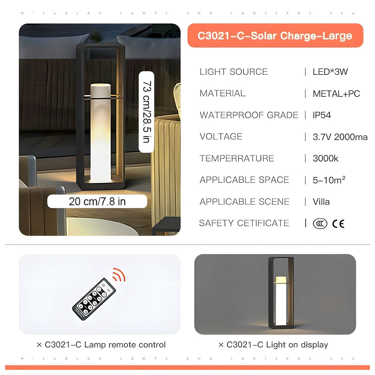 Solar Garden Post Lamp Nordic Style Outdoor Waterproof Remote — 28cm 43cm 73cm — product view 3