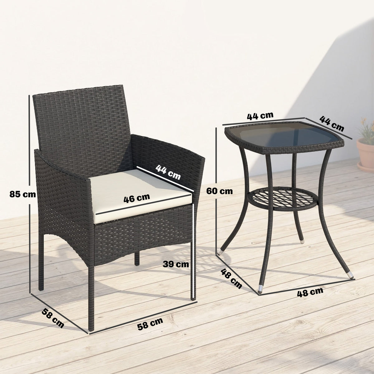 3-Piece PE Wicker Bistro Set with 2-Tier Glass Table and Cushions, Cream White — product view 5