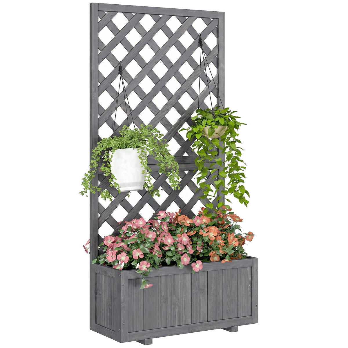 Wood Planter with Trellis and Drainage Holes, Grey — product view 1