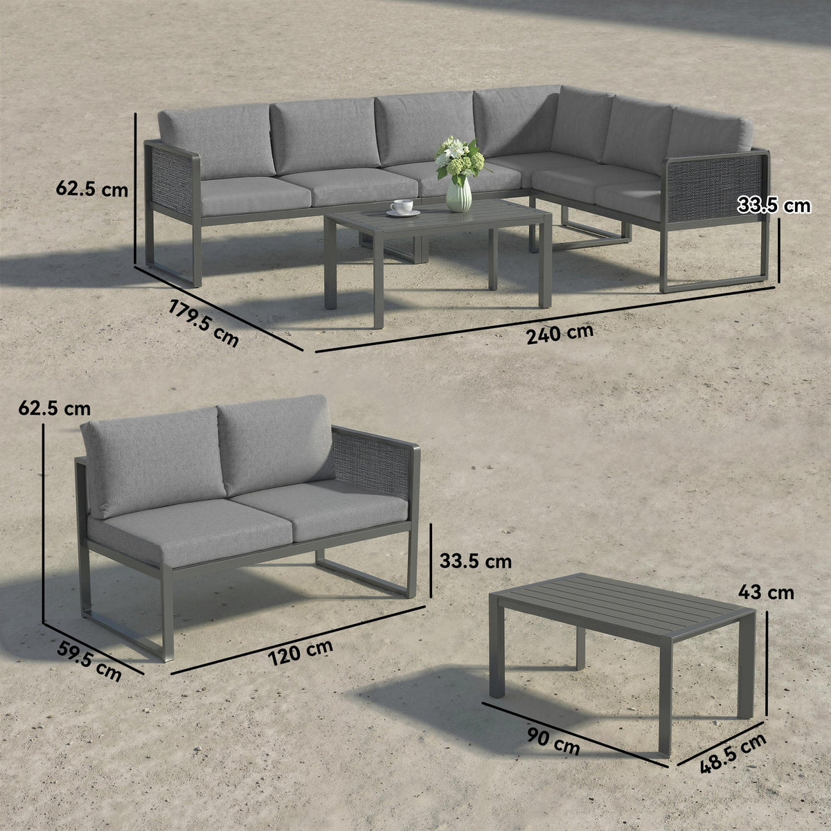 6 Seater Metal Garden Corner Sofa Set with Faux Wood Table, Dark Grey — product view 5