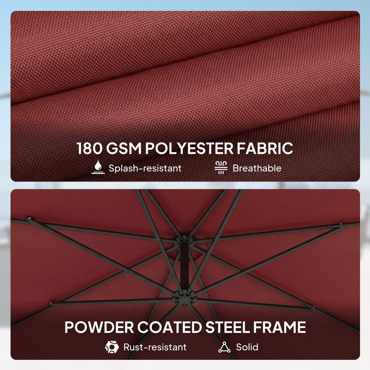 3 m Banana Parasol with Crank Handle, 8 Ribs & Cross Base, Wine Red — product view 7