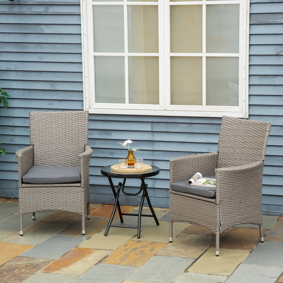 2 Piece PE Rattan Dining Chair Set with Cushions & High Back, Grey — product view 4