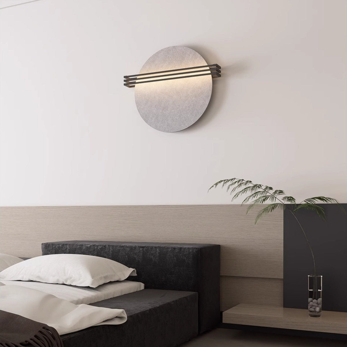 Abstract Sunrise Felt Wall Sconce Artistic LED Light & Art Bedroom Living Room — Grey Orange Blue — product view 1