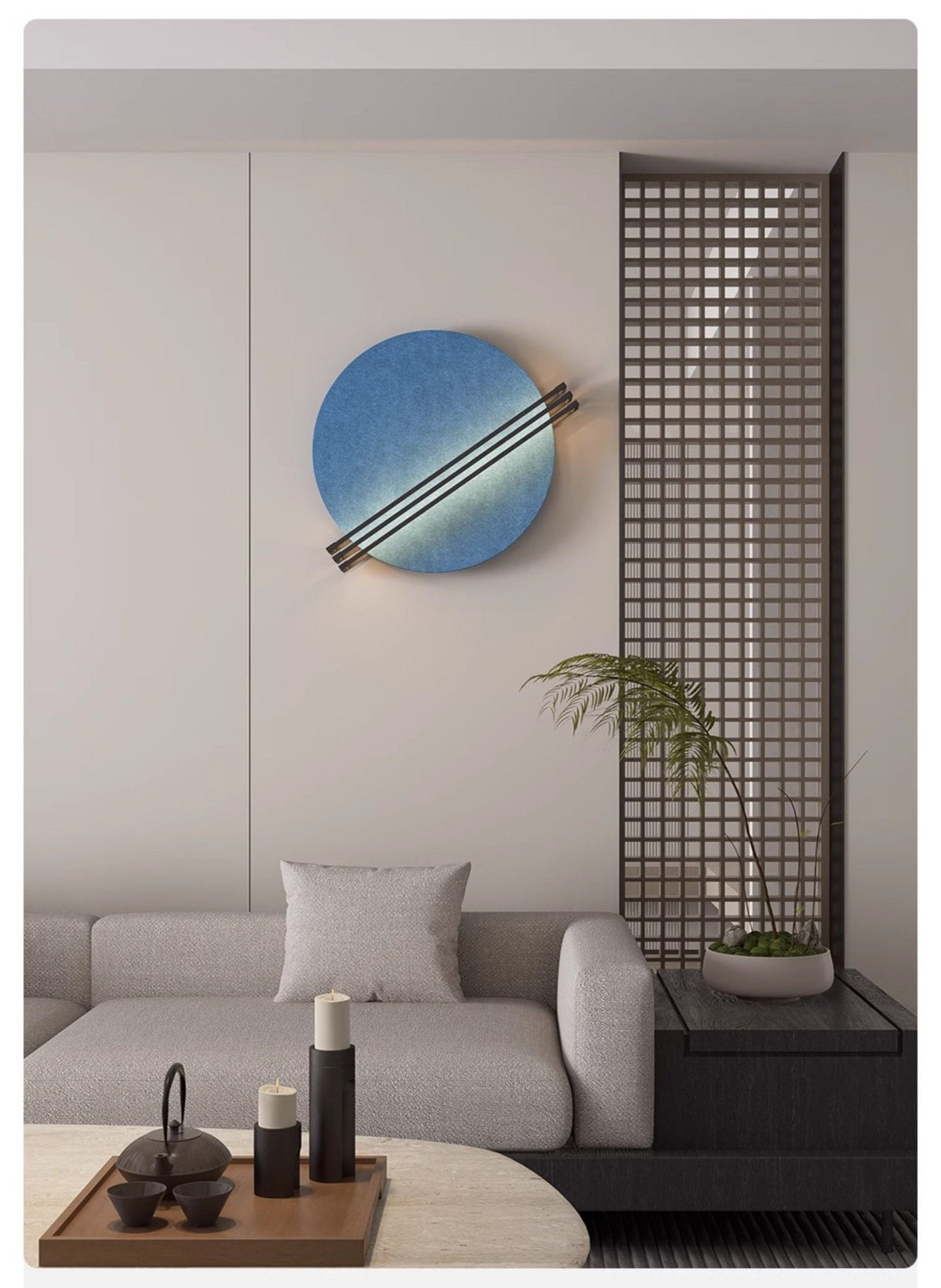 Abstract Sunrise Felt Wall Sconce Artistic LED Light & Art Bedroom Living Room — Grey Orange Blue — product view 3